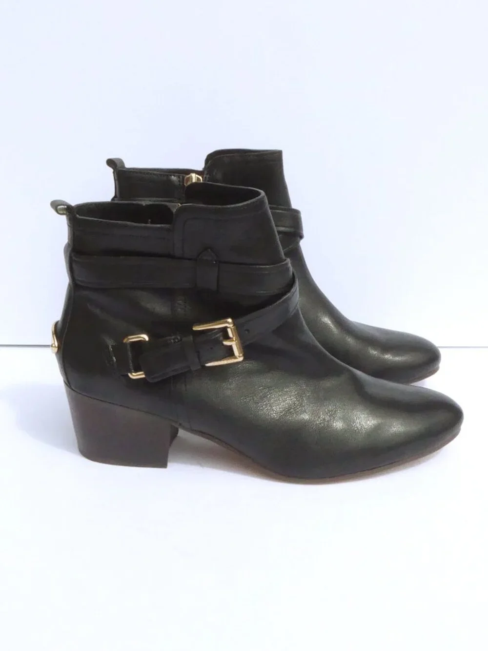 Coach black leather pauline booties with gold hardware buckle boots size 8